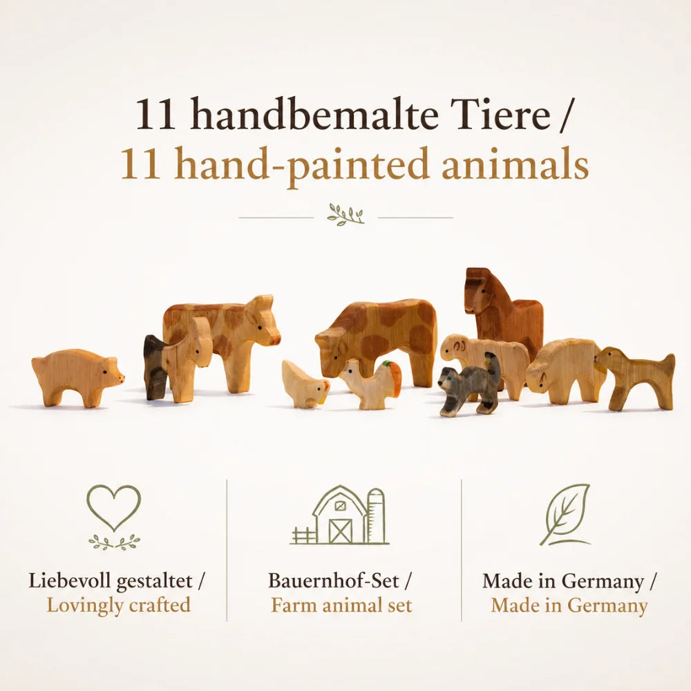 Decor Holztierset mit 11 handgefertigten Bauernhoftieren aus Holz – natürliches Spielen