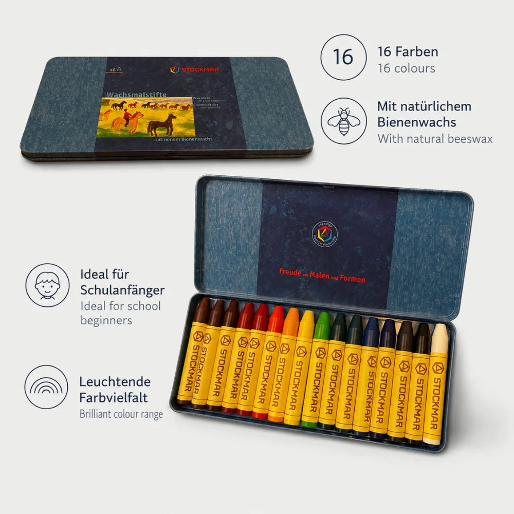 STOCKMAR Wachsmalstifte mit 16 Farben, Bienenwachs und Blechetui für Schulanfänger