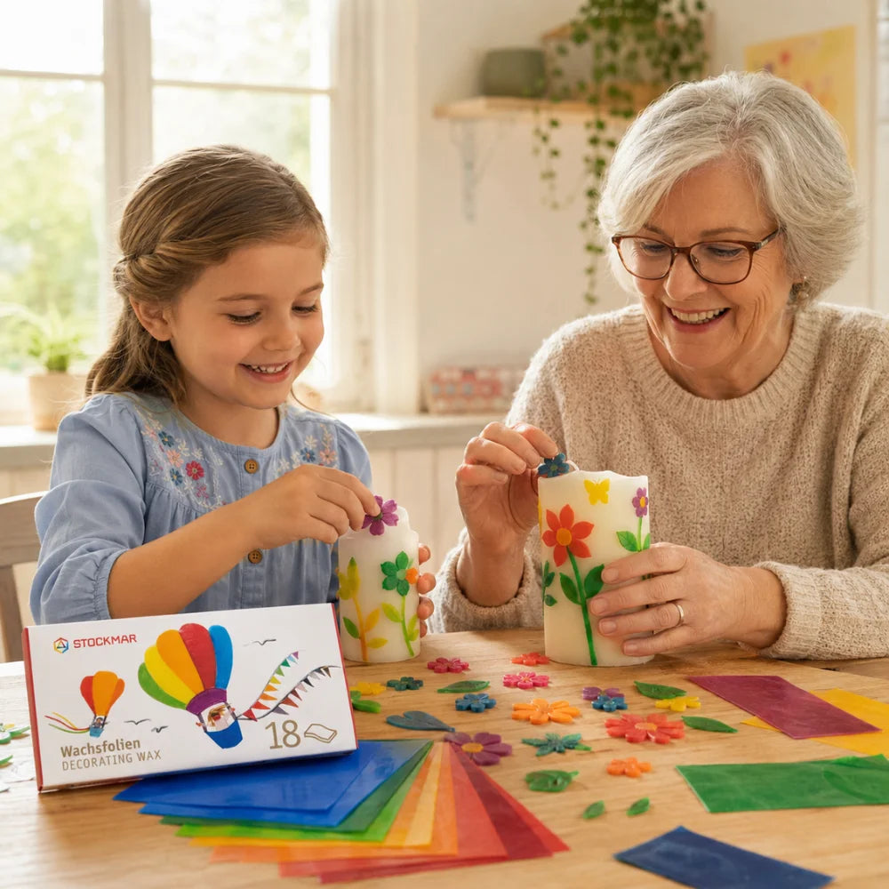 Kind und Oma verzieren gemeinsam Kerzen mit STOCKMAR Wachsfolien in bunten Frühlingsfarben