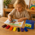Kindergartenkind malt mit STOCKMAR Wachsmalblöcken auf Papier