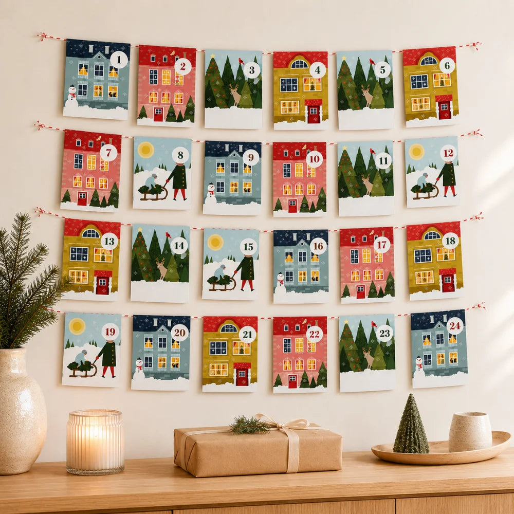 Aufgehängter Adventskalender mit 24 winterlich gestalteten Tütchen an einer Wohnwand