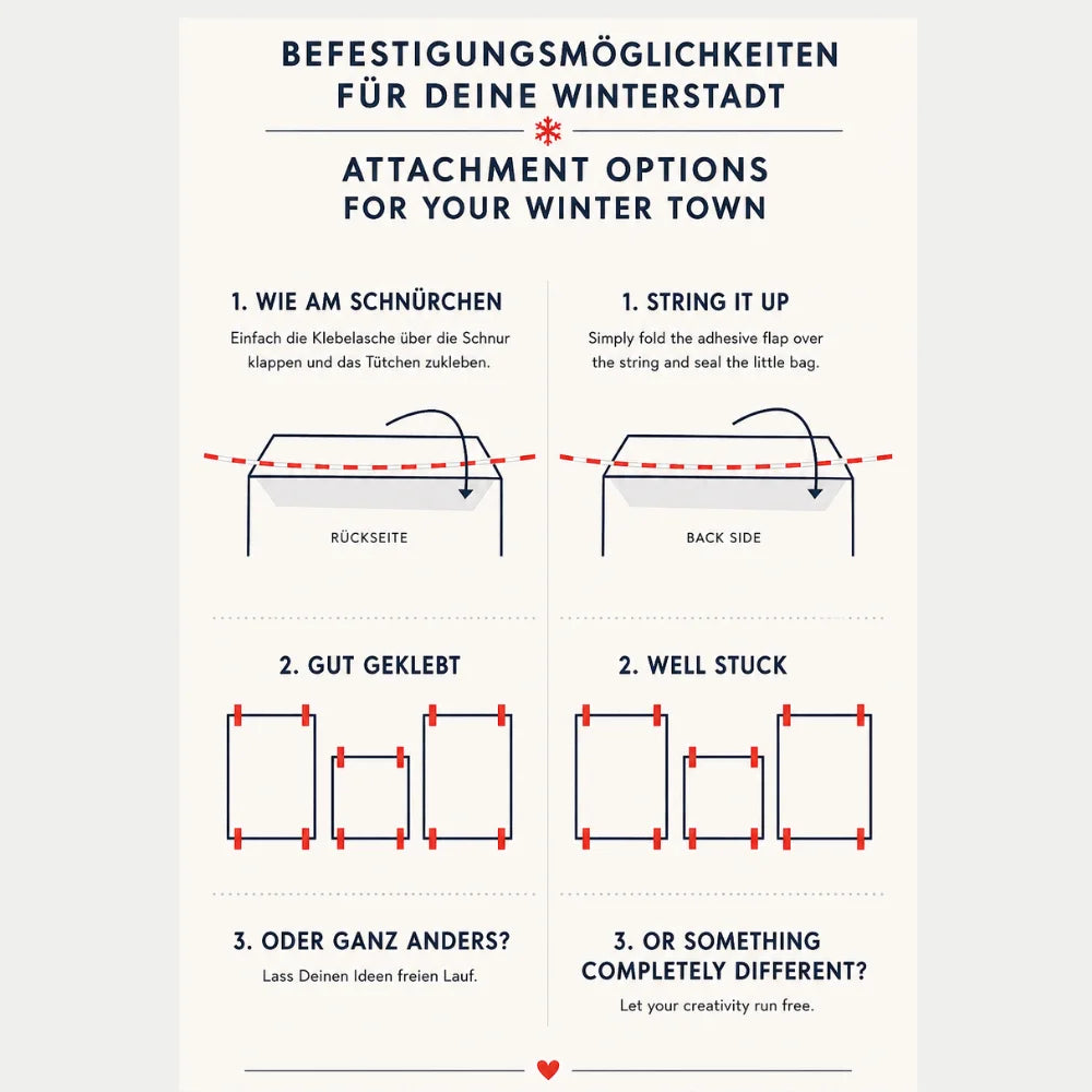 Zweisprachige Befestigungsanleitung für den Adventskalender mit Schnur und Klebelasche