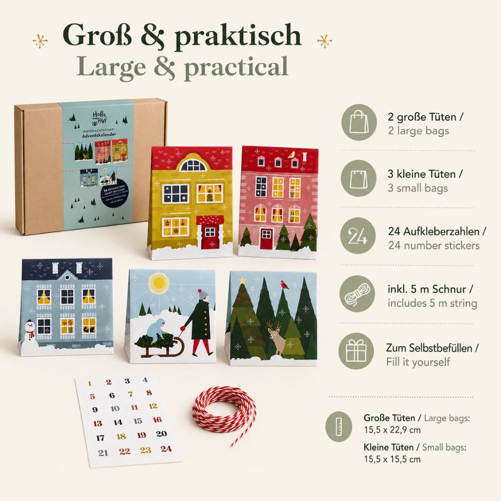 DIY-Adventskalender mit zwei großen und drei kleinen Tüten, Zahlenaufklebern, Schnur und Größenangaben