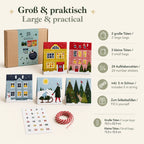 DIY-Adventskalender mit zwei großen und drei kleinen Tüten, Zahlenaufklebern, Schnur und Größenangaben