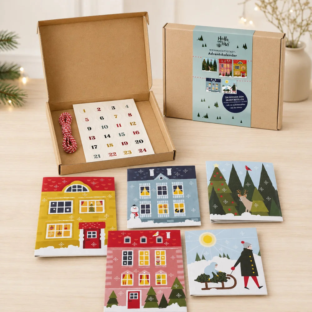 Lieferumfang des Adventskalenders mit 24 Tütchen, Zahlenaufklebern, 5 Meter Schnur und Verpackung