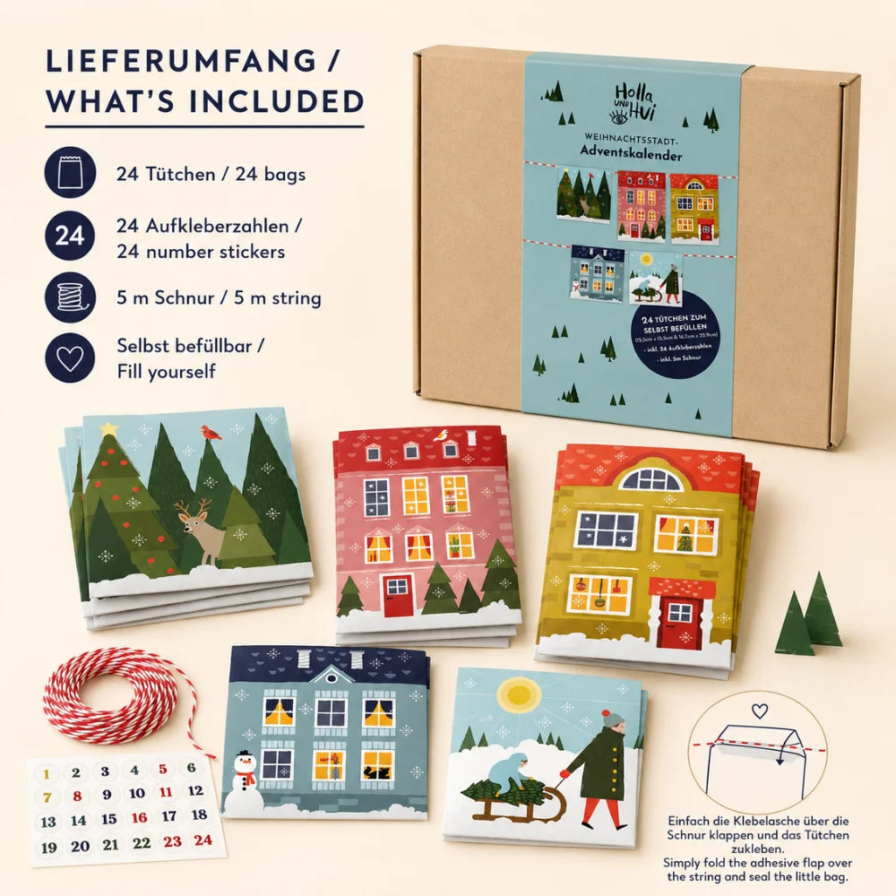 Adventskalender-Set mit geöffneter Verpackung, 24 Zahlenaufklebern, Schnur und fünf Tütenmotiven
