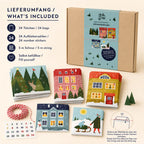 Adventskalender-Set mit geöffneter Verpackung, 24 Zahlenaufklebern, Schnur und fünf Tütenmotiven