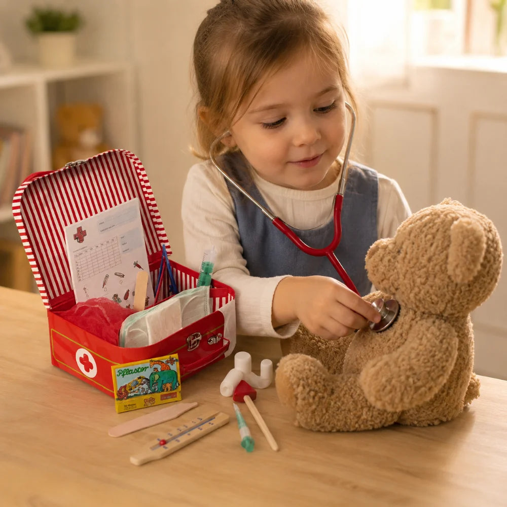 Kinder spielen Arzt mit hochwertigem Arztkoffer und medizinischem Zubehör