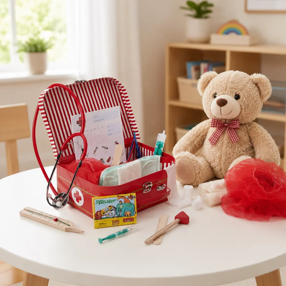 Rollenspielzeug Arztkoffer für Kinder mit Holz-Zubehör und stabilem Koffer