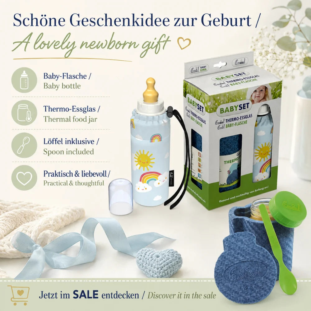 Emil Baby Set Rainbow als Geschenk zur Geburt mit Babyflasche und Thermo-Essglas