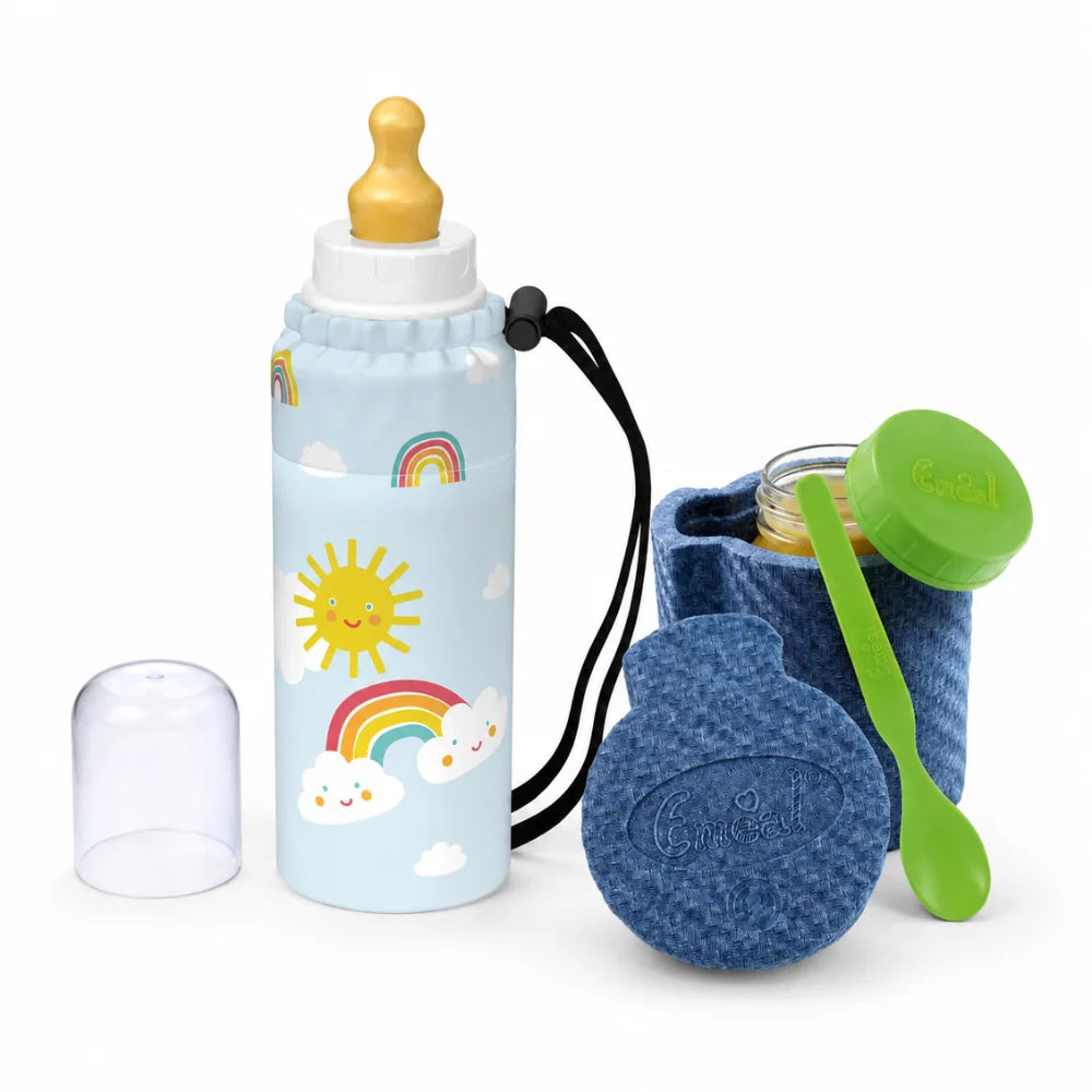 Emil Baby Set Rainbow mit Babyflasche, Thermo-Essglas und Löffel auf weißem Hintergrund