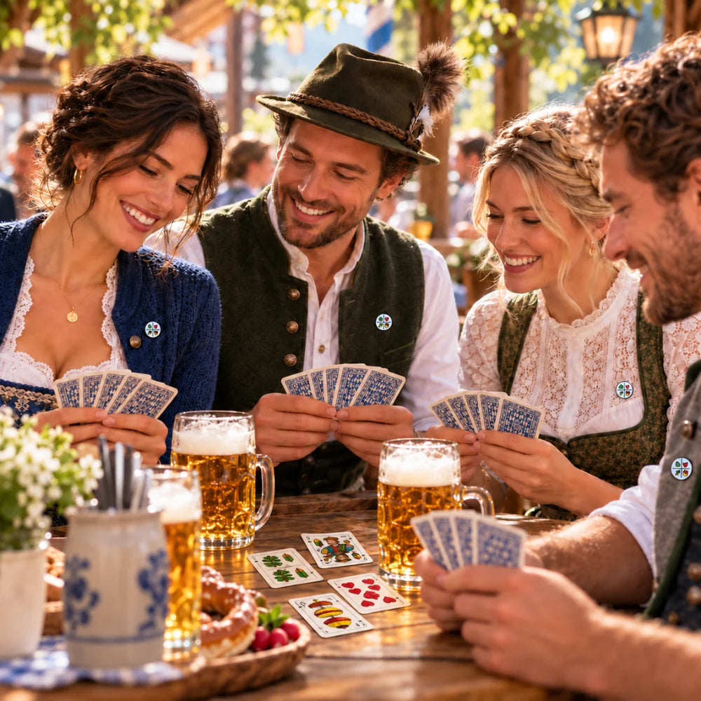 Bayerischer Schafkopf Emaille-Pin getragen von Frauen und Männern in Tracht beim traditionellen Kartenspiel im Biergarten