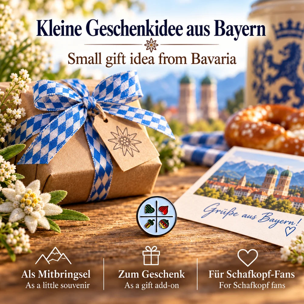 Schafkopf Emaille-Pin als kleines Bayern Mitbringsel und Geschenk für Schafkopf-Fans mit bayerischem Motiv
