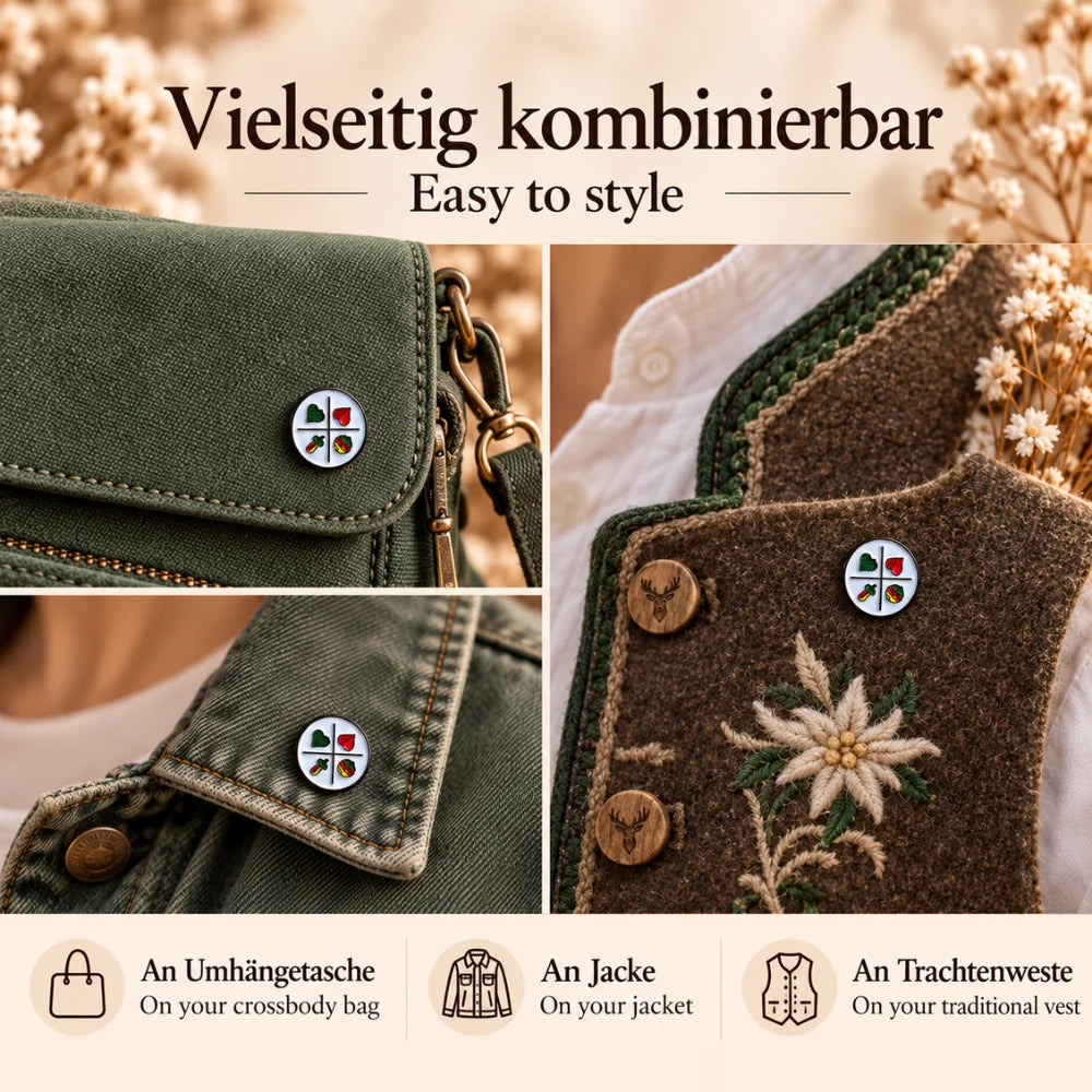 Bayerischer Schafkopf Emaille-Pin an grüner Umhängetasche Jeansjacke und Trachtenweste als vielseitiges Bayern Accessoire