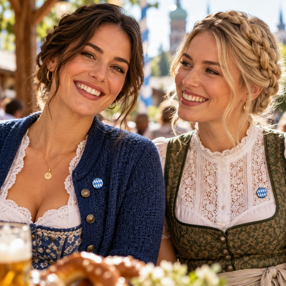 Zwei Frauen in Tracht mit Bayern Emaille Pin Weiß-Blau – bayerisches Accessoire für Dirndl, Oktoberfest und Volksfest