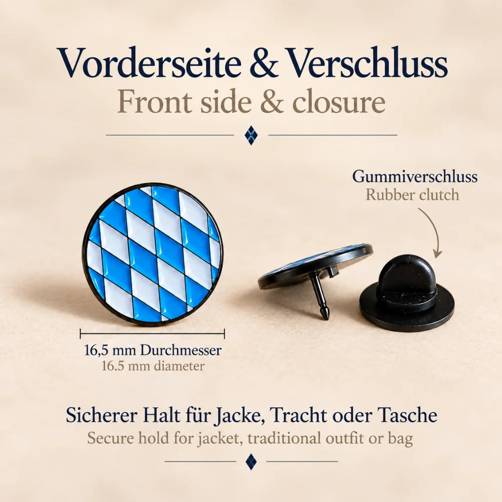 Bayern Emaille Pin Weiß-Blau mit Vorderseite, Dorn und schwarzem Gummiverschluss – 16,5 mm Trachten-Anstecker