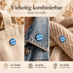 Bayern Emaille Pin Weiß-Blau an Tasche, Jeansjacke und Schal – vielseitig kombinierbares bayerisches Accessoire für Alltag und Tracht