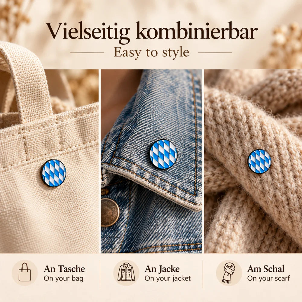 Bayern Emaille Pin Weiß-Blau an Tasche, Jeansjacke und Schal – vielseitig kombinierbares bayerisches Accessoire für Alltag und Tracht