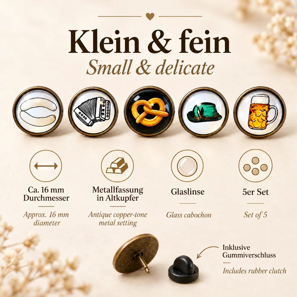 5er Bayern Pin Set mit Weißwurst, Akkordeon, Brezel, Trachtenhut und Bierkrug, ca. 16 mm, Altkupferfassung, Glaslinse und Gummiverschluss