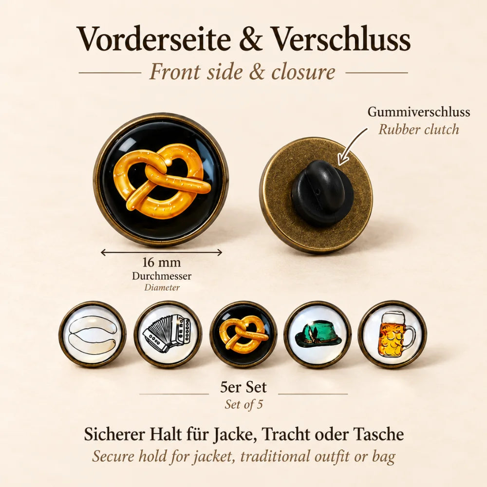 5er Bayern Pin Set mit 16 mm Durchmesser, Altkupferfassung, Glaslinse und schwarzem Gummiverschluss für Tracht, Jacke oder Tasche
