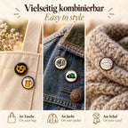 Bayerisches 5er Pin Set mit Brezel, Bierkrug, Akkordeon, Trachtenhut und Weißwurst an Tasche, Jacke und Schal kombiniert