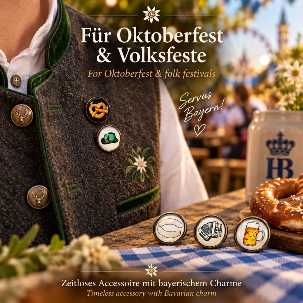 Bayern Pins als Trachtenaccessoire für Oktoberfest und Volksfeste mit Brezel, Trachtenhut, Weißwurst, Akkordeon und Bierkrug