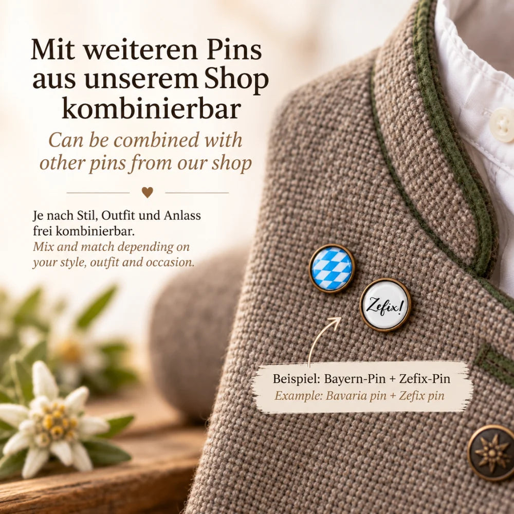 Bayern Pin an Trachtenweste kombiniert mit weiterem Zefix Pin aus dem Shop für individuellen Trachtenlook