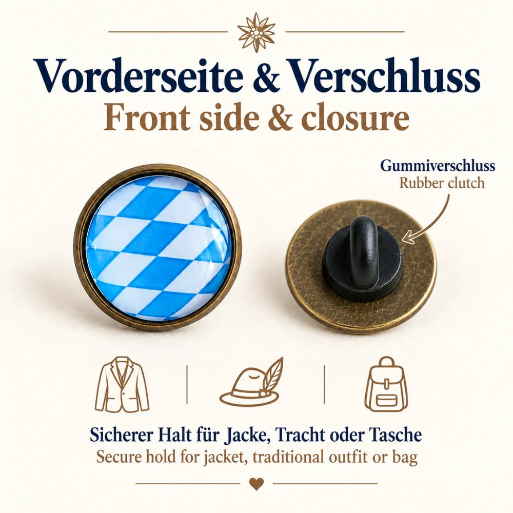 Bayern Pin Vorderseite und Verschluss – runder Trachtenpin mit blau-weißem Bayern-Muster und Gummiverschluss für Jacke, Tracht oder Tasche