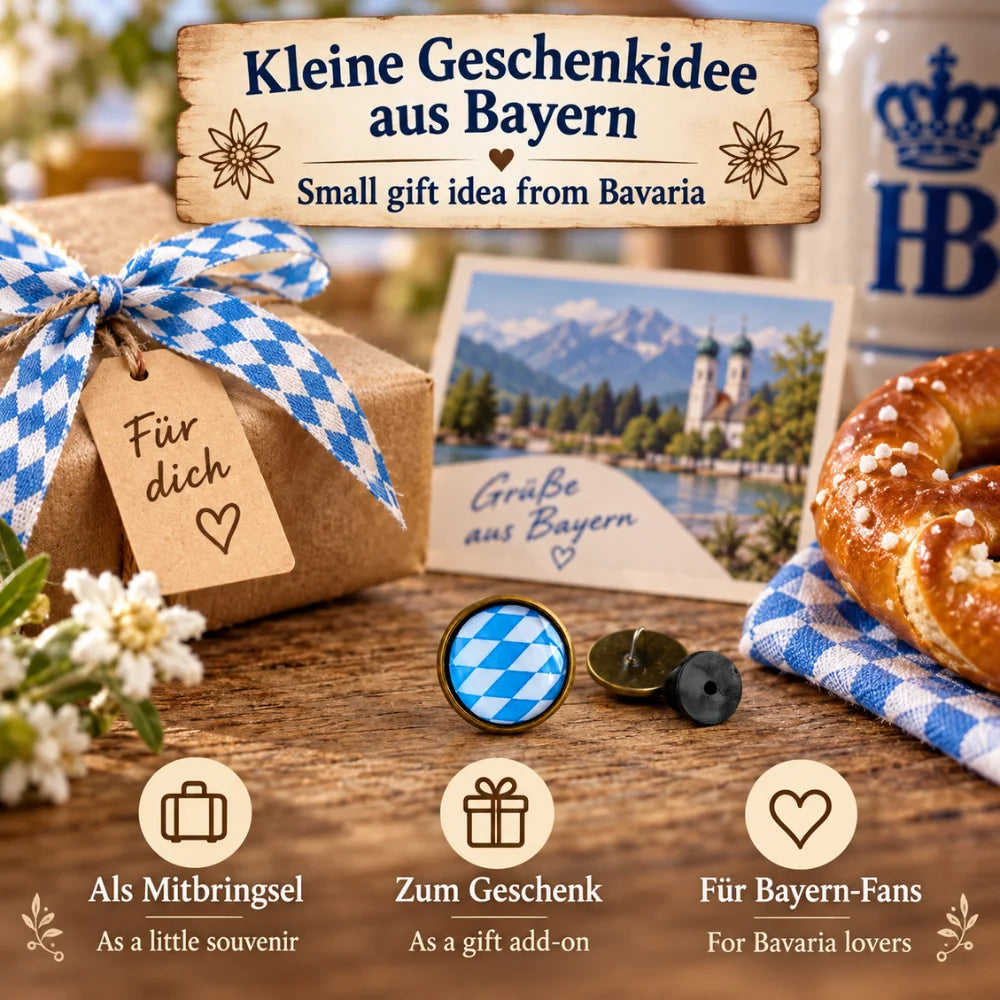 Kleine Geschenkidee aus Bayern – Bayern Pin in Altkupfer als Mitbringsel und Geschenk für Bayern-Fans im traditionellen Lifestyle-Setting