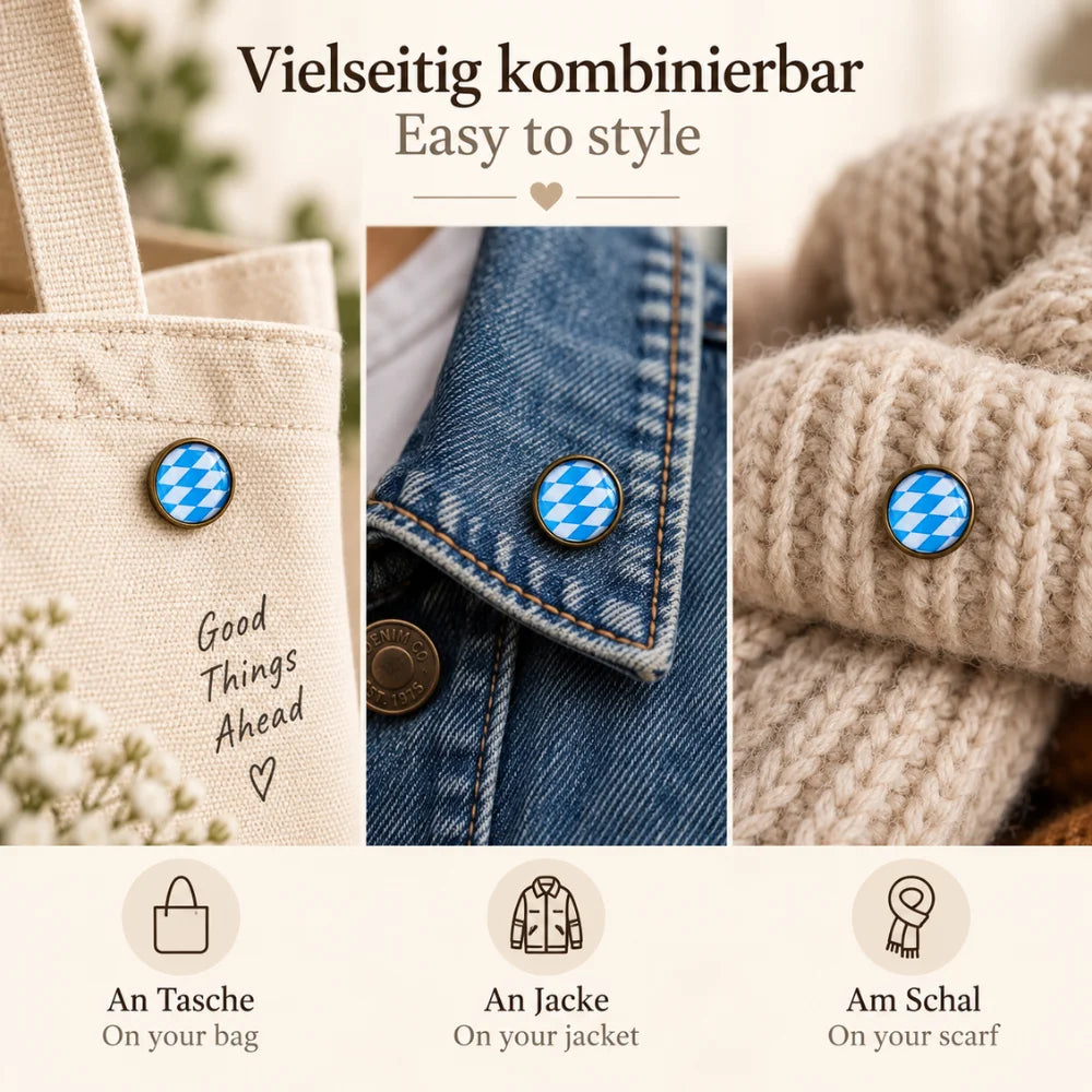 Bayern Pin vielseitig kombinierbar an Tasche, Jeansjacke und Schal – kleiner Trachtenpin mit blau-weißem Rautenmuster in Altkupfer