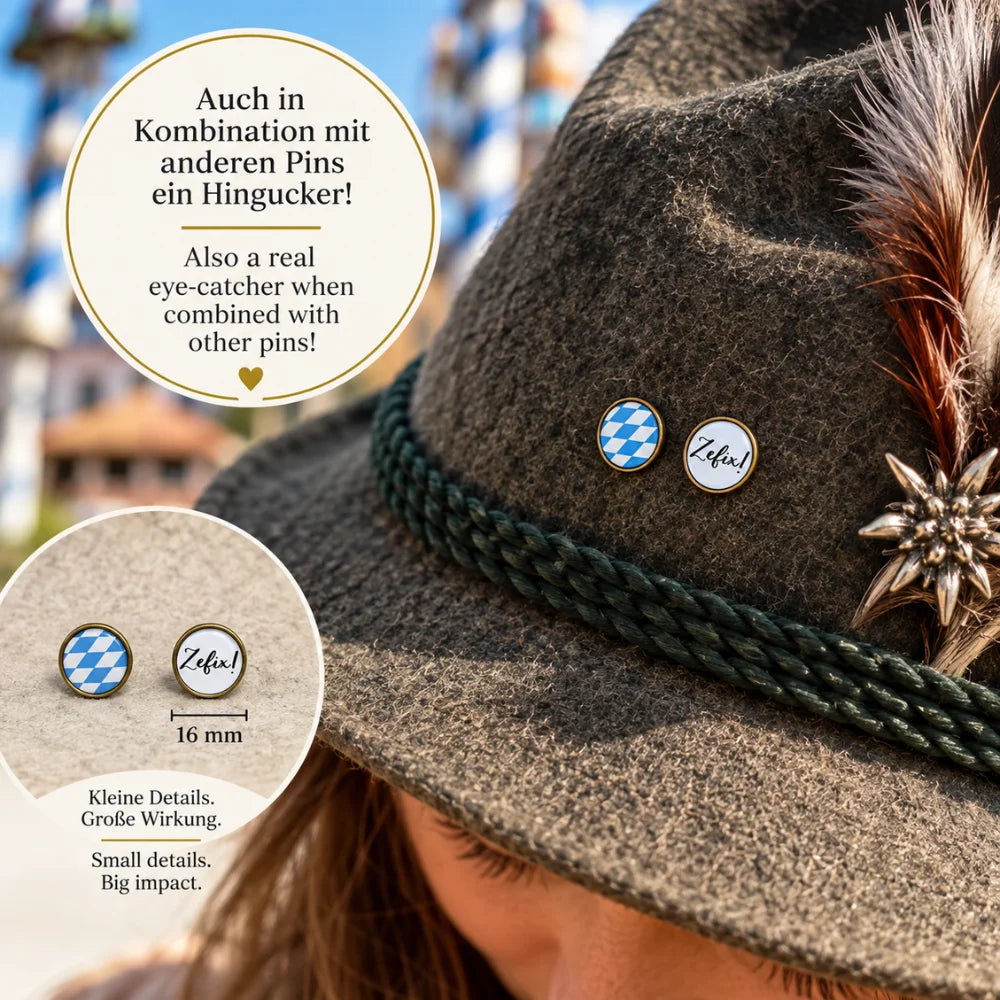 Bayern Pin „Zefix!“ kombiniert mit blau-weißem Bayern Pin an einem traditionellen Trachtenhut