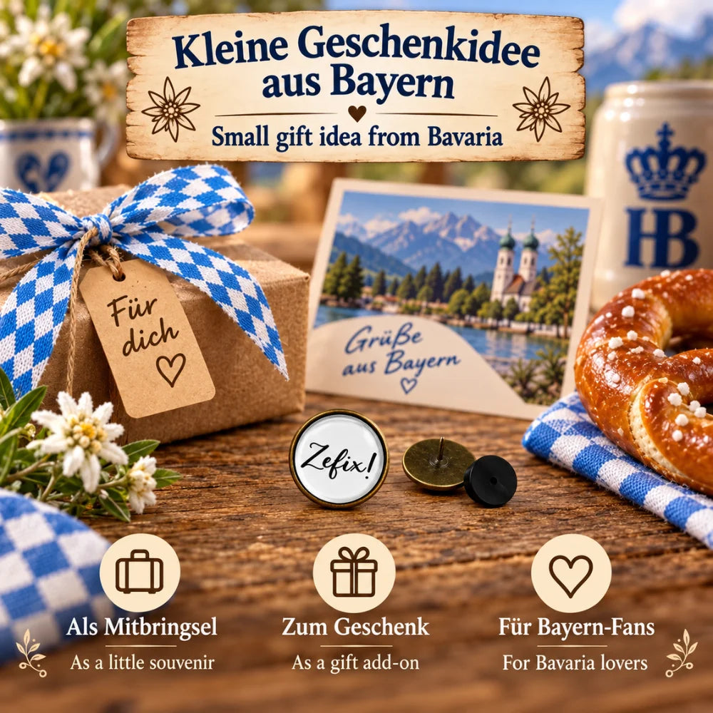 Bayern Pin „Zefix!“ als kleines Mitbringsel aus Bayern mit Geschenkverpackung und Oktoberfest-Motiven