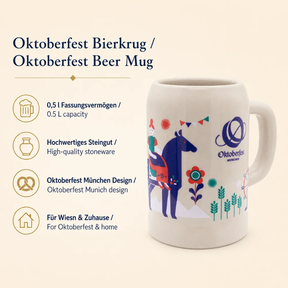 Vorteilsbild zum Oktoberfest-Bierkrug mit 0,5 Liter Fassungsvermögen, Steingut und München-Design
