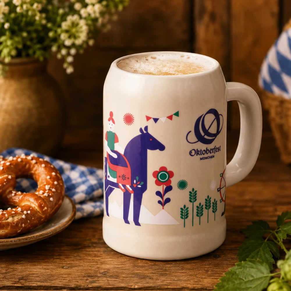 Oktoberfest-Bierkrug mit Bier und Brezen auf einem rustikal gedeckten Holztisch