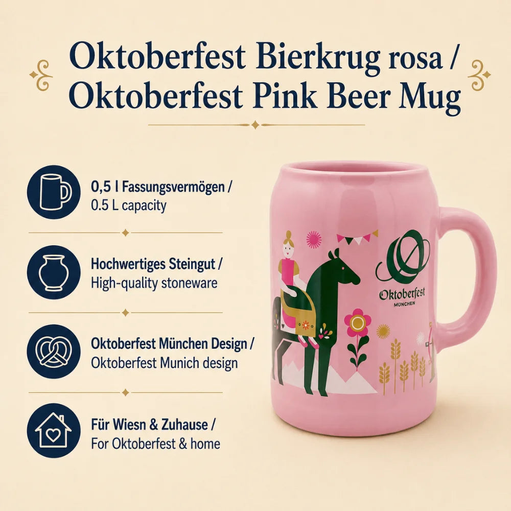 Vorteilsbild zum rosa Oktoberfest-Bierkrug mit 0,5 Liter Fassungsvermögen und hochwertigem Steingut