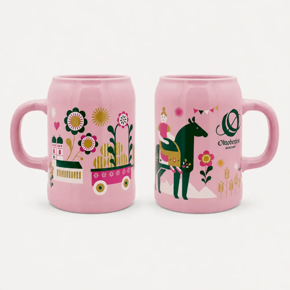 Vorder- und Rückansicht des rosa Oktoberfest-Bierkrugs mit Pferd, Frauenkirche, Blumen und Riesenrad