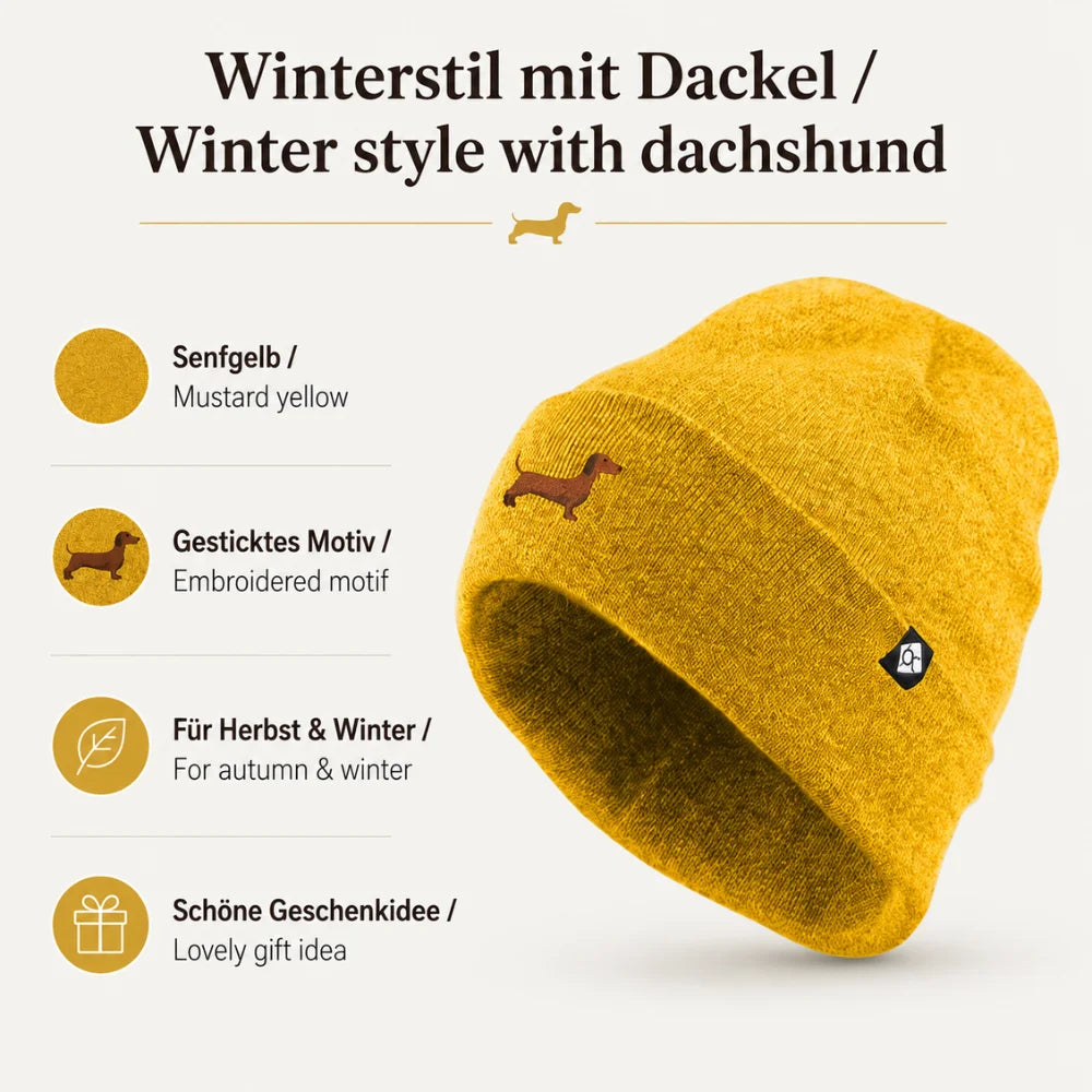 Senfgelbe Dackel-Mütze als Geschenkidee für Dackel-Fans und Hundeliebhaber