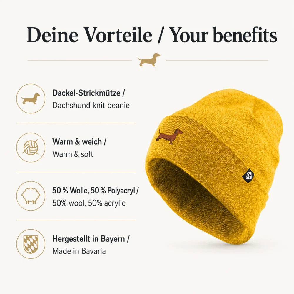 Dackel-Strickmütze in Senfgelb mit Wolle, Polyacryl und Herstellung in Bayern