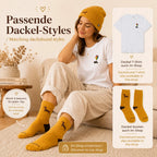 Dackel-Look mit senfgelber Mütze, passenden Dackel-Socken und weißem Dackel-T-Shirt