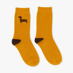 Damen Dackel-Socken in Senfgelb mit braunen Details und Dackel-Stickerei