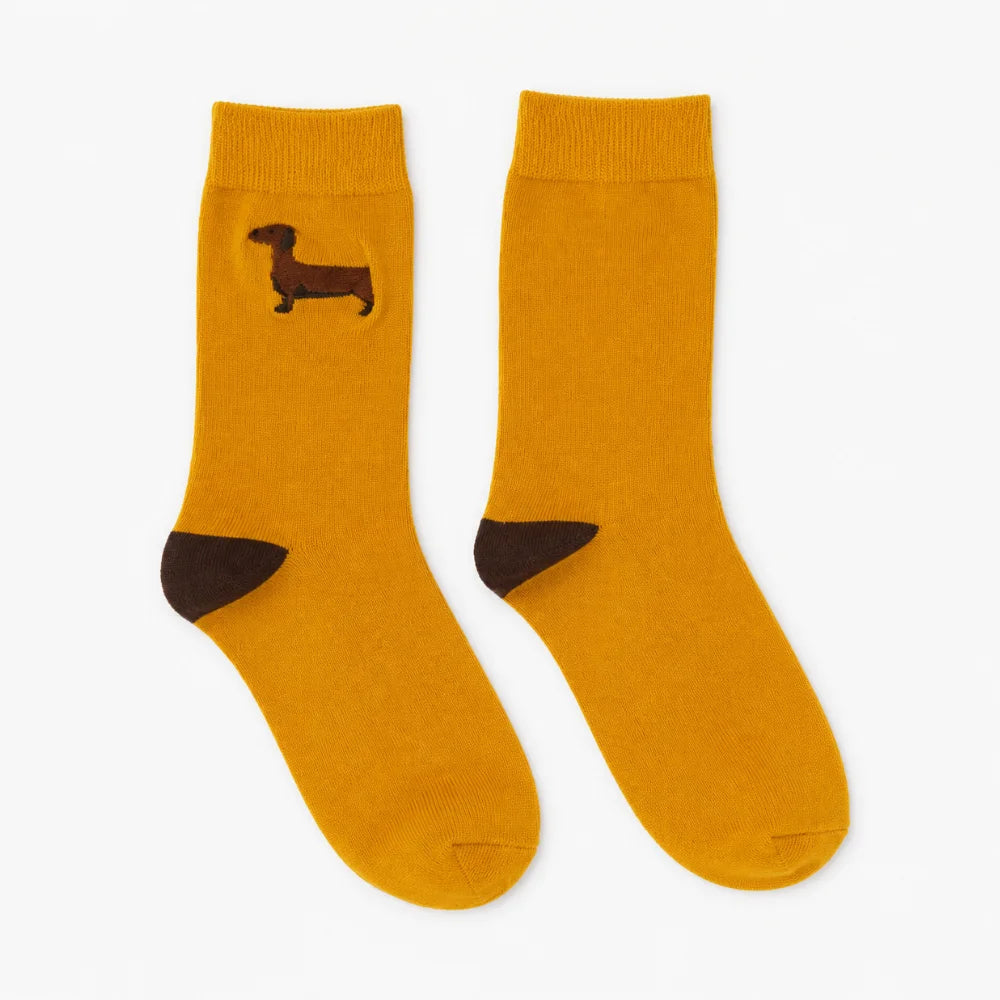 Damen Dackel-Socken in Senfgelb mit braunen Details und Dackel-Stickerei