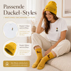 Dackel-Outfit mit senfgelben Socken, passender Dackel-Mütze und Damen Dackel-T-Shirt