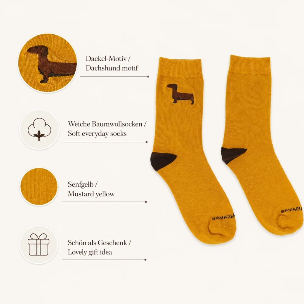 Senfgelbe Dackel-Socken als Geschenkidee für Dackel-Liebhaberinnen