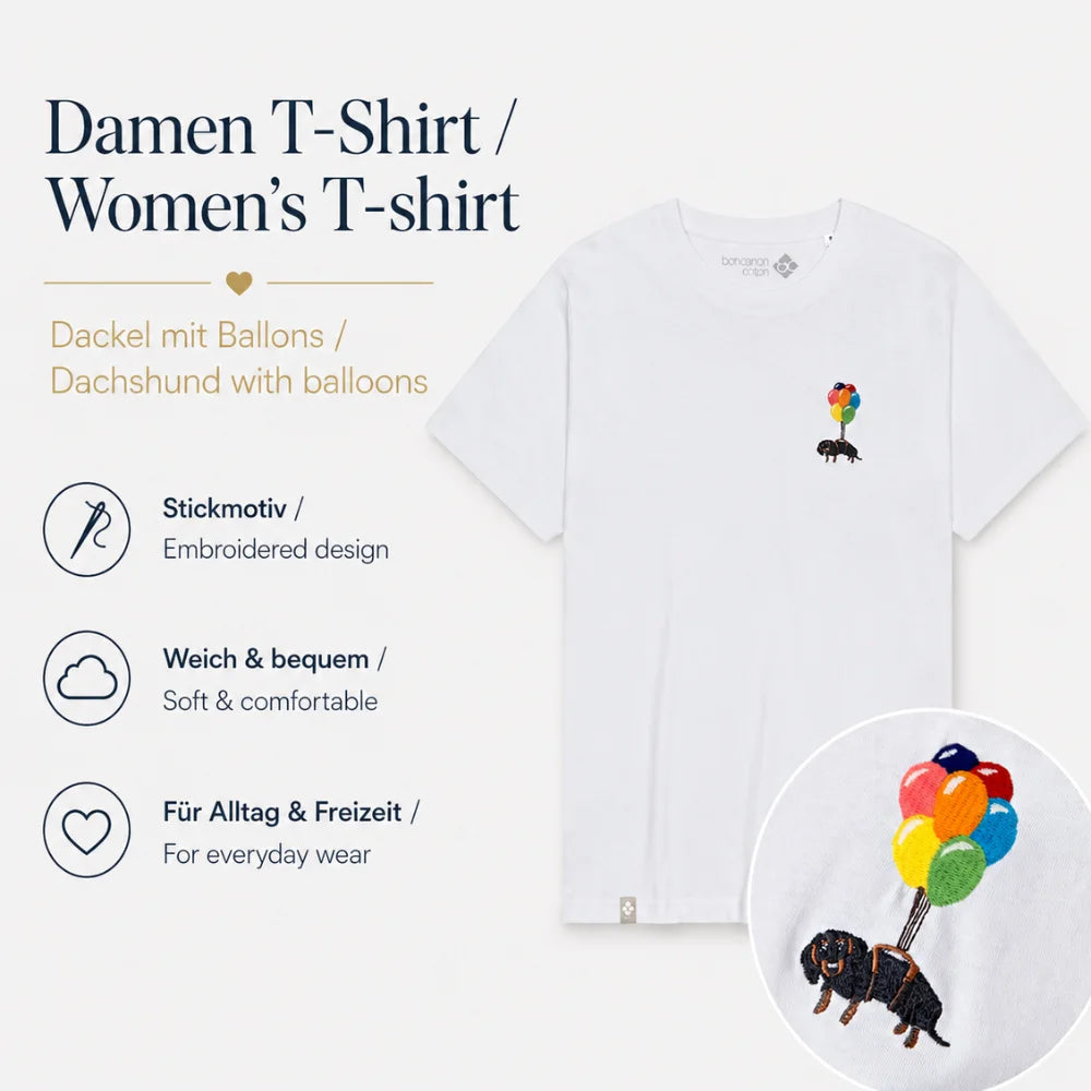 Damen Dackel T-Shirt mit gesticktem Dackel-Ballon-Motiv und Produktdetails