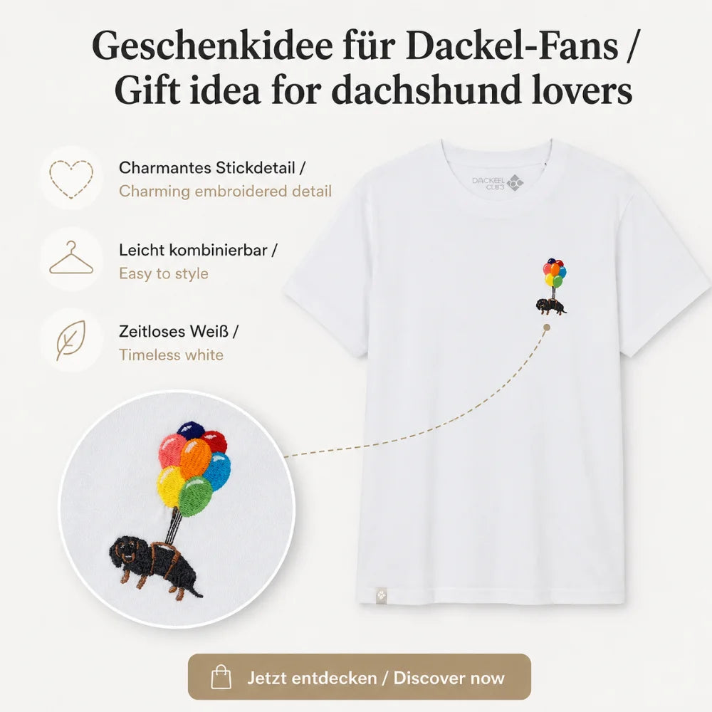 Damen Dackel T-Shirt als Geschenkidee für Hundeliebhaber mit gesticktem Dackel-Motiv