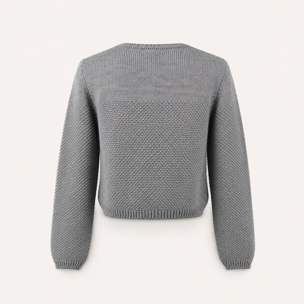 Graue Damen Trachten-Strickjacke in Rückansicht mit strukturierter Strickoptik