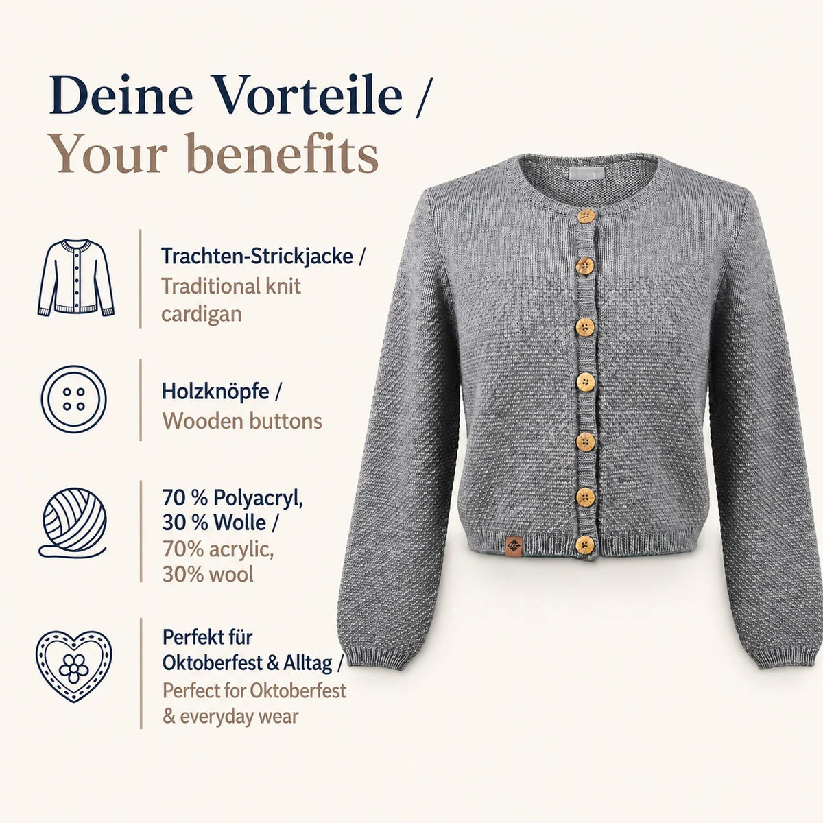 Damen Trachten-Strickjacke grau mit Holzknöpfen und 30 % Wolle