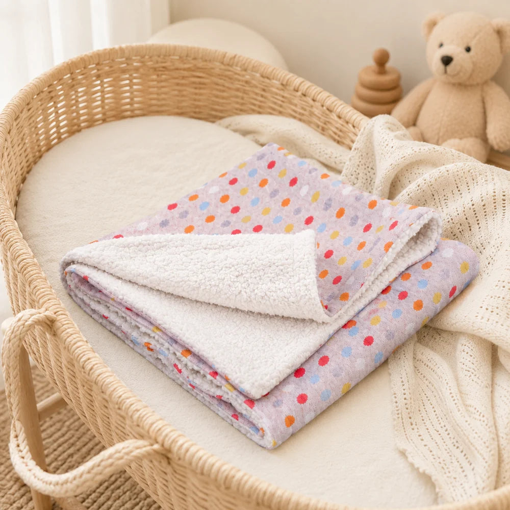 EFIE Babydecke Pünktchen gefaltet in einem Babykorb im Kinderzimmer