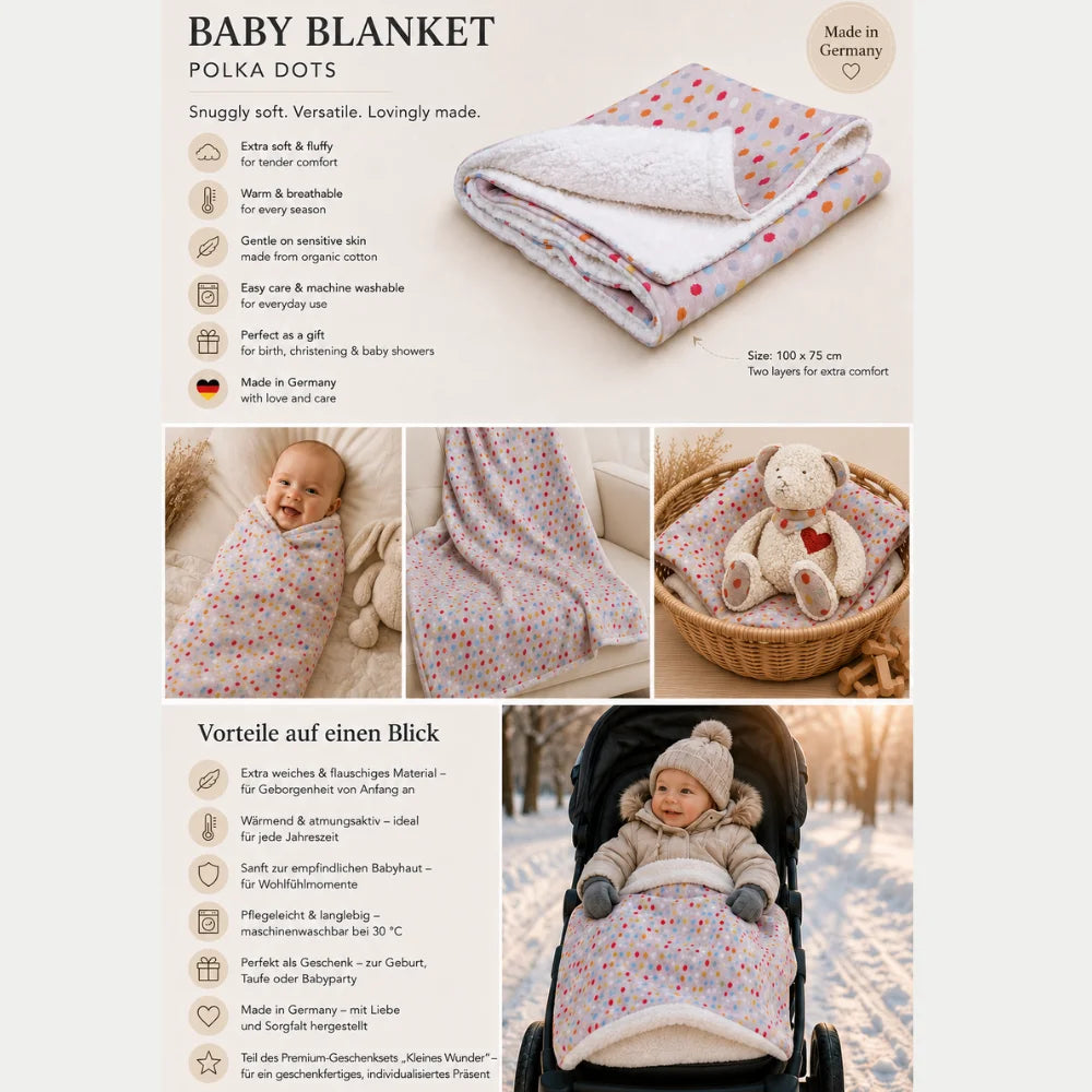 Babydecke Pünktchen mit Einsatzmöglichkeiten als Babydecke, Krabbeldecke, Kinderwagendecke und Kuscheldecke