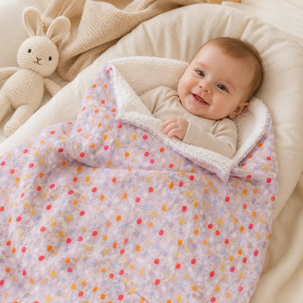 Lächelndes Baby zugedeckt mit der EFIE Babydecke Pünktchen